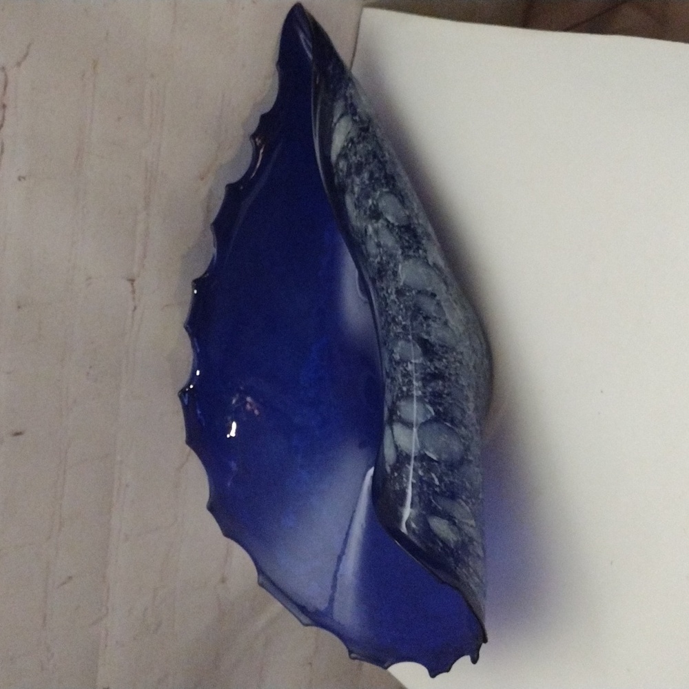 Polish Cobalt Blue Art Glass Shell Dish Bowl 17.5" Long